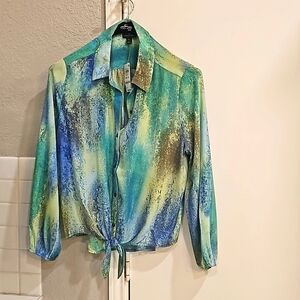 NWT JM Collection Petite Collared Tie-Front Blouse PXL Amalfi Blue